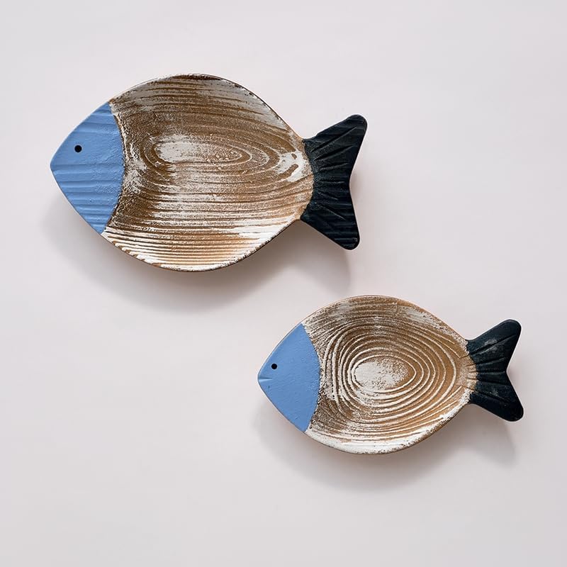 2pc Vintage Wooden Fish Coastal Wall Decor