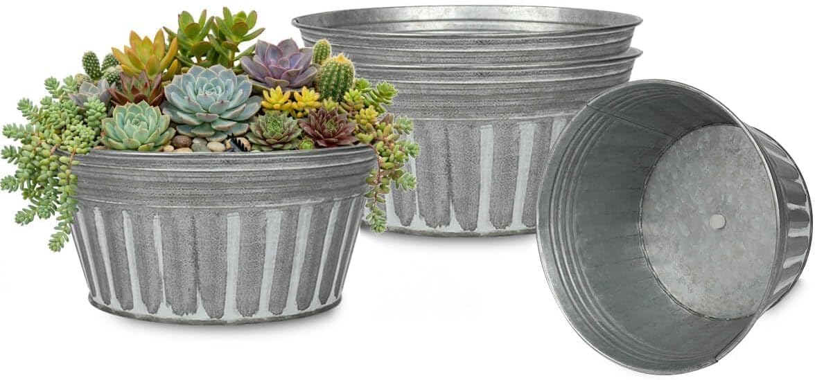 4 Silver Shallow Metal Plant Pots