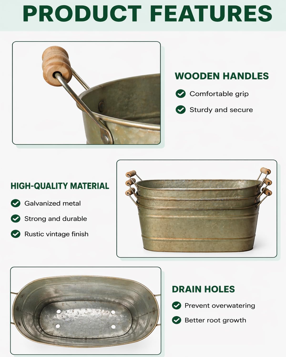 3 Large Oval Metal Farmhouse Planters
