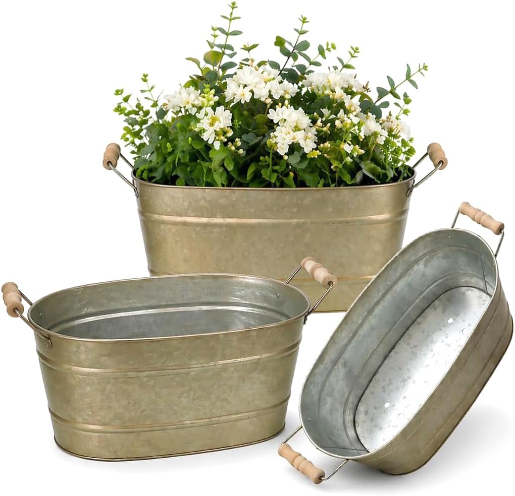 3 Large Oval Metal Farmhouse Planters