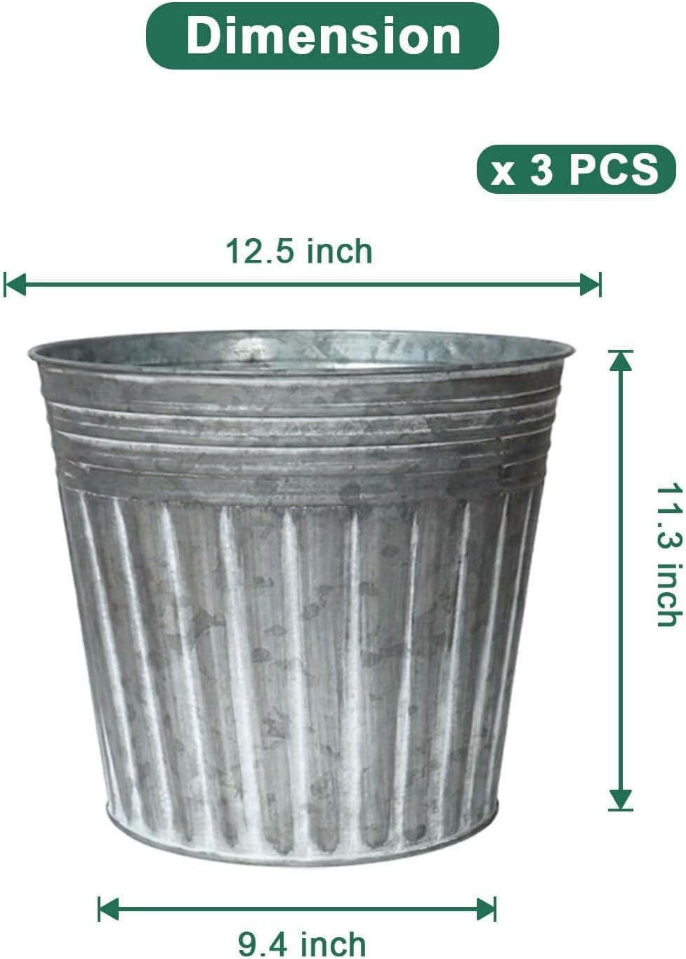 3pc 12 Inch Silver Galvanized Plant Buckets