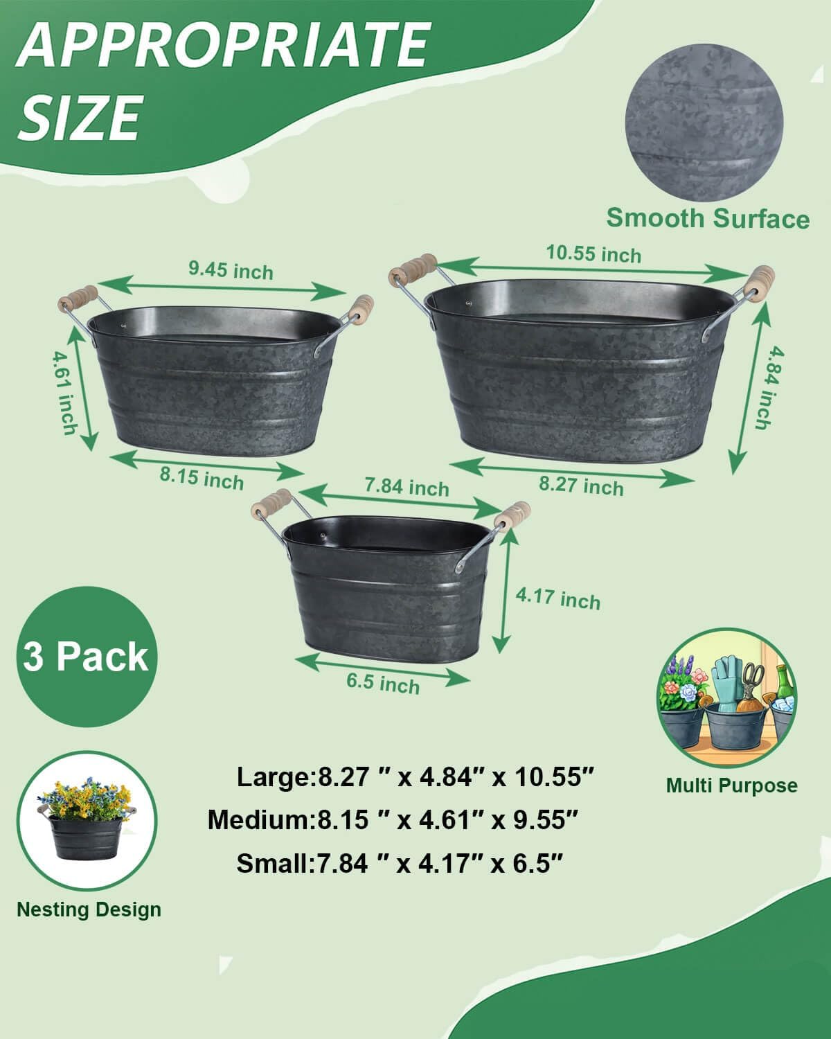3pc Galvanized Black Metal Oval Planter Buckets