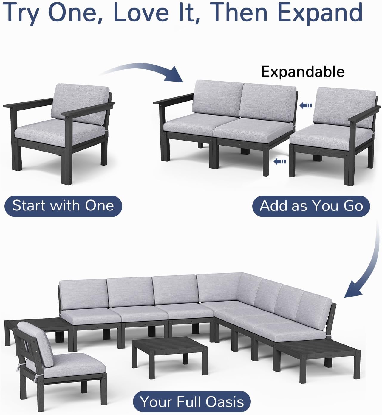 6pc Black HIPS Frame Outdoor Modular Sectional Sofa Set