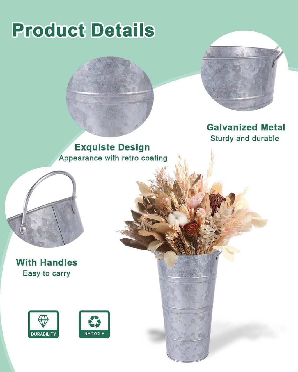 6 Silver Farmhouse Metal Flower Buckets