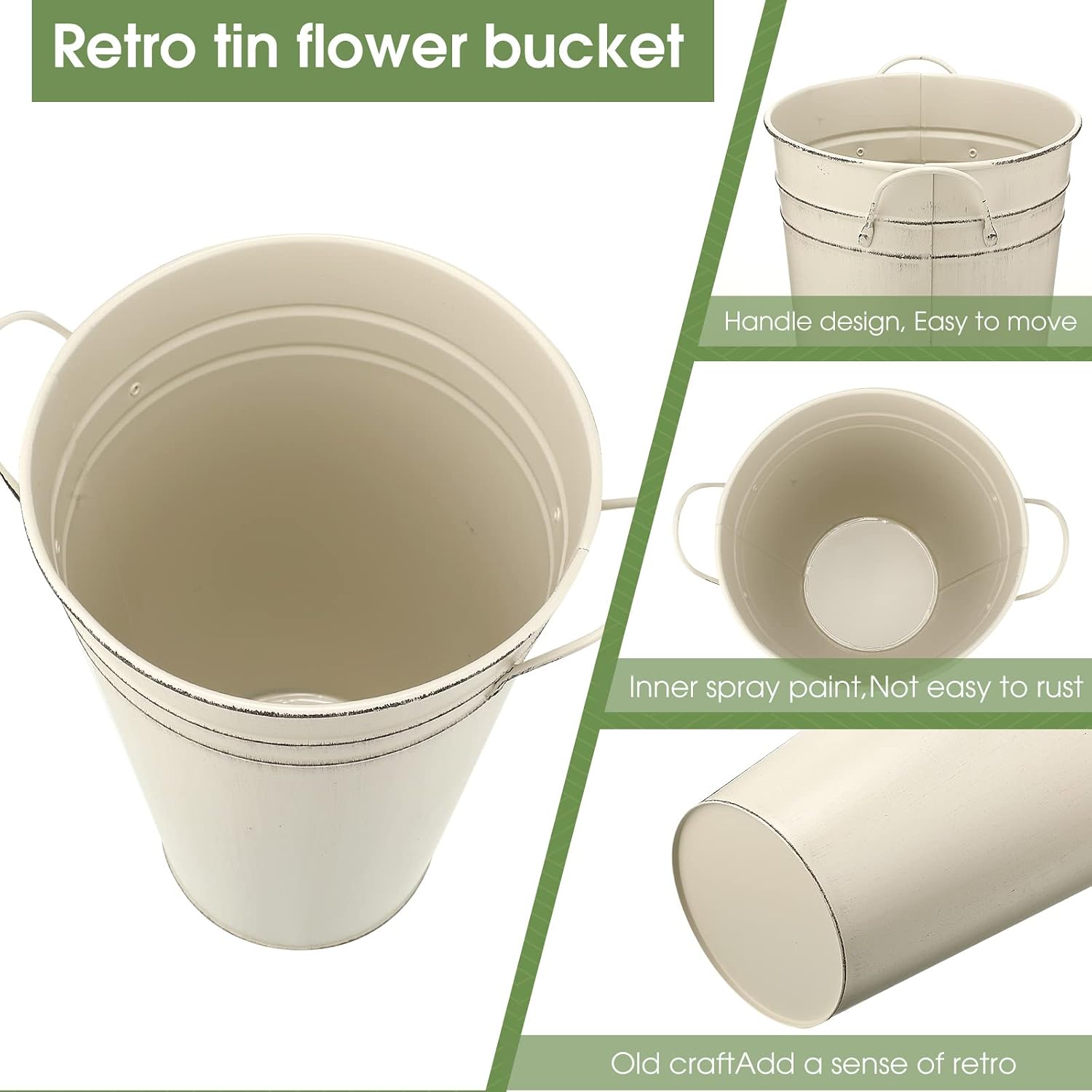 6 White Vintage Metal Flower Buckets