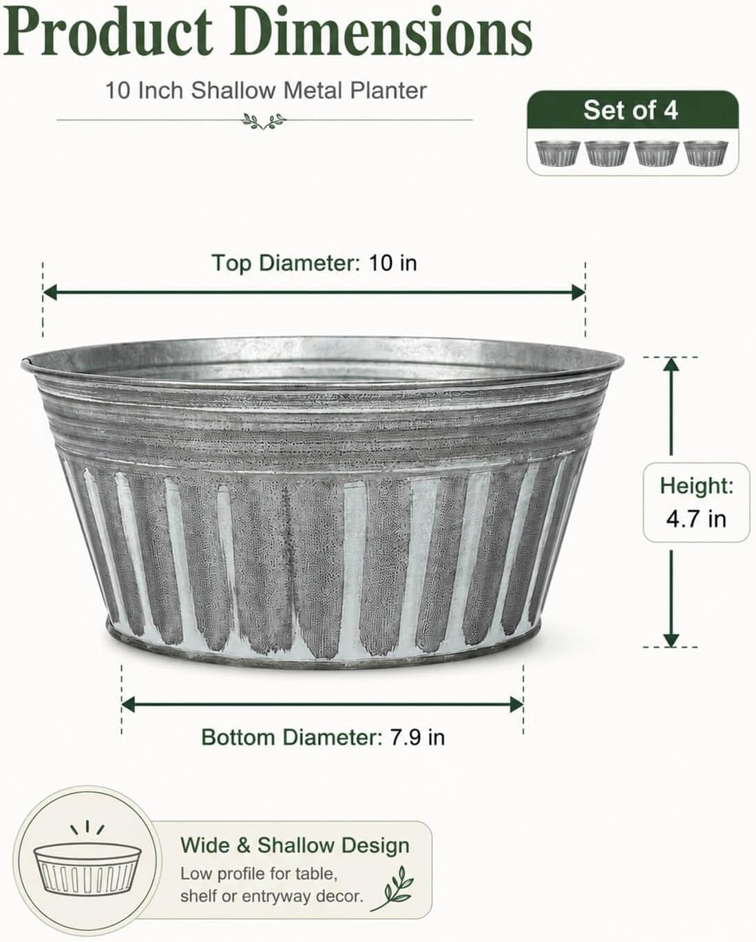 4 Silver Shallow Metal Plant Pots