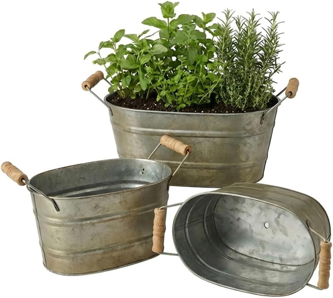 3 Oval Farmhouse Metal Planter Buckets