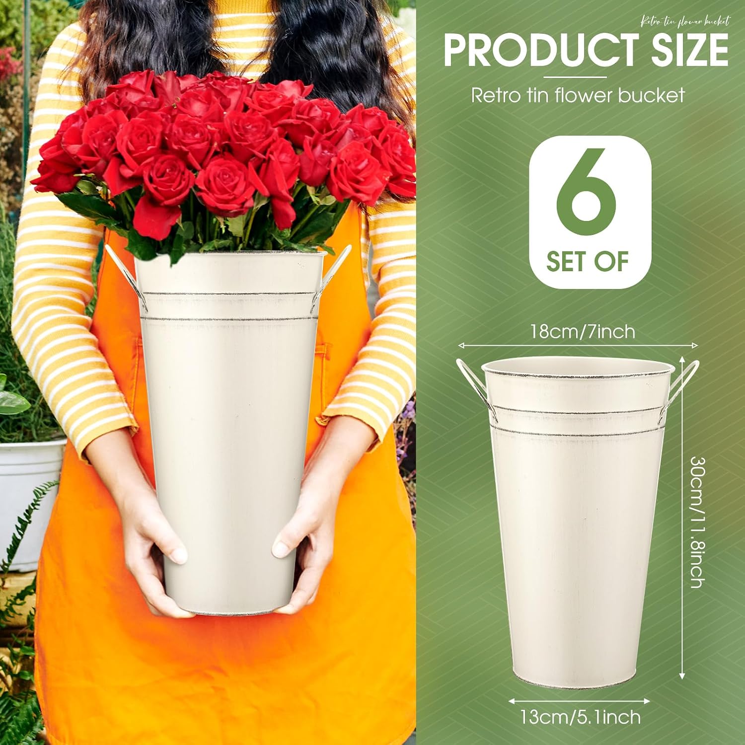 6 White Vintage Metal Flower Buckets