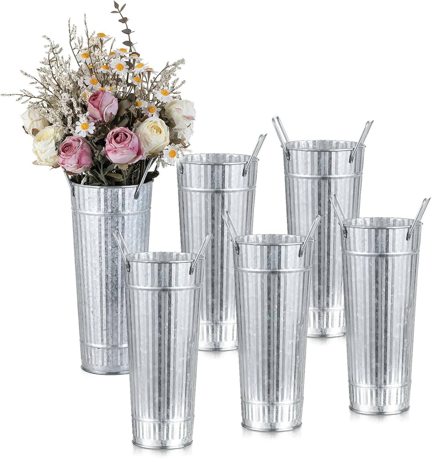 6 Rustic Galvanized Flower Buckets
