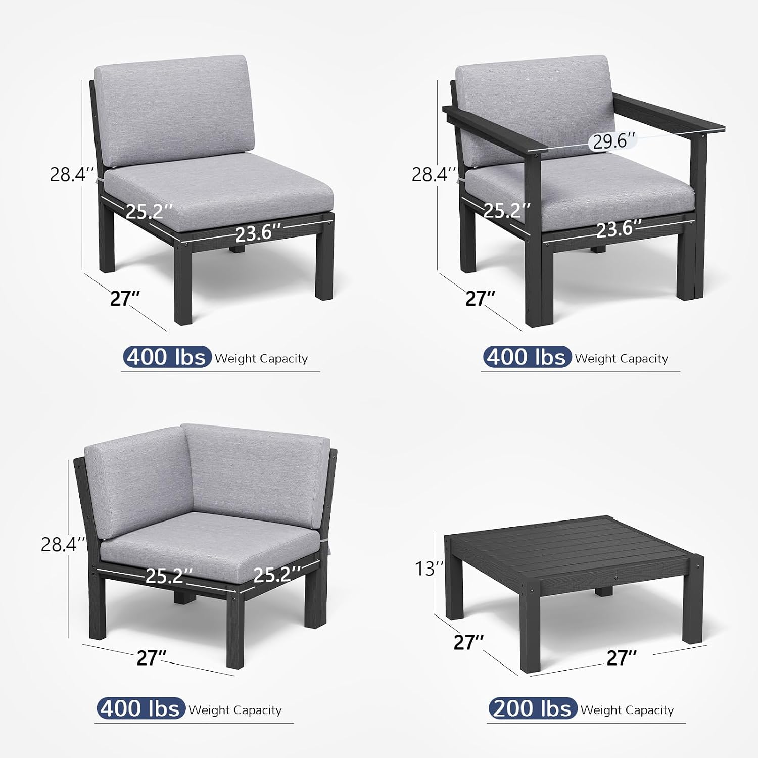 6pc Black HIPS Frame Outdoor Modular Sectional Sofa Set