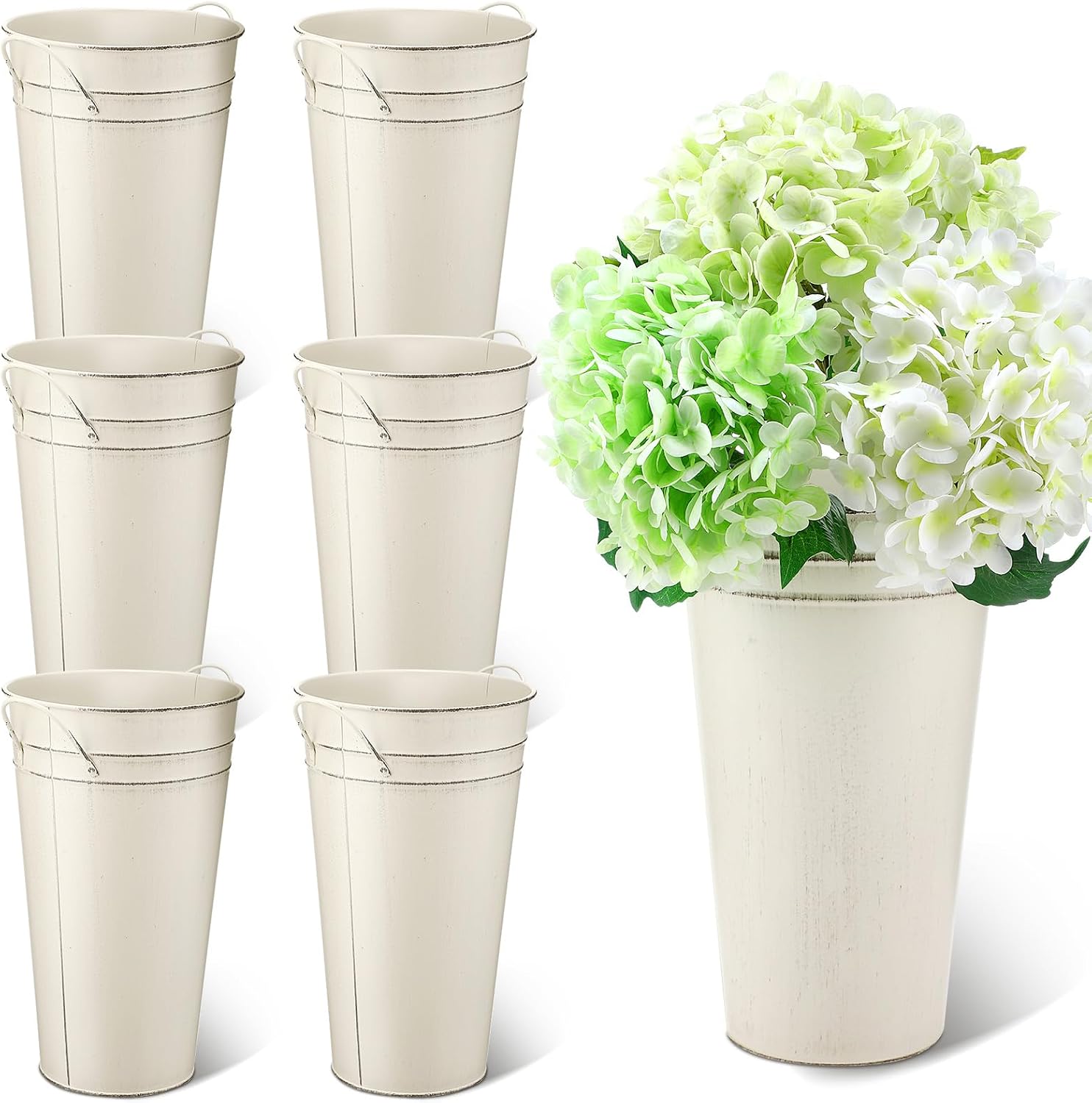 6 White Vintage Metal Flower Buckets