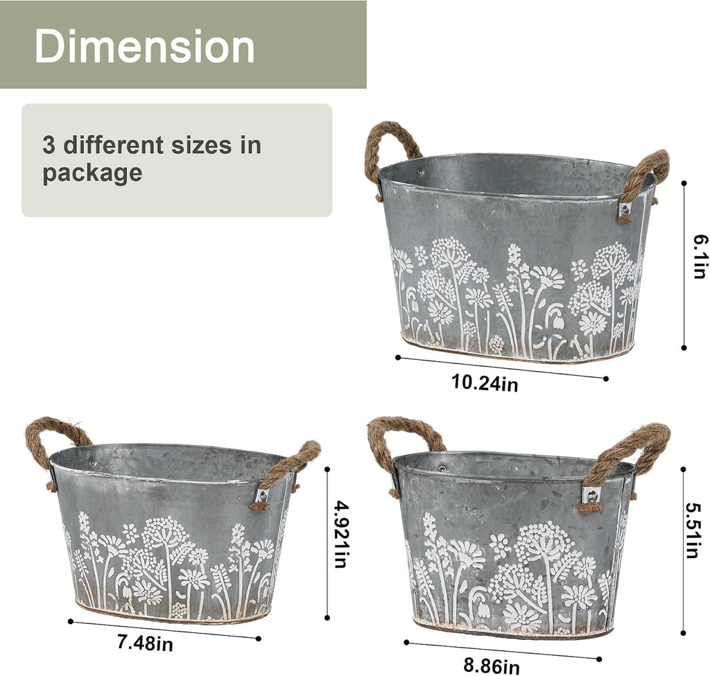 3 Oval Galvanized Metal Planter Tubs