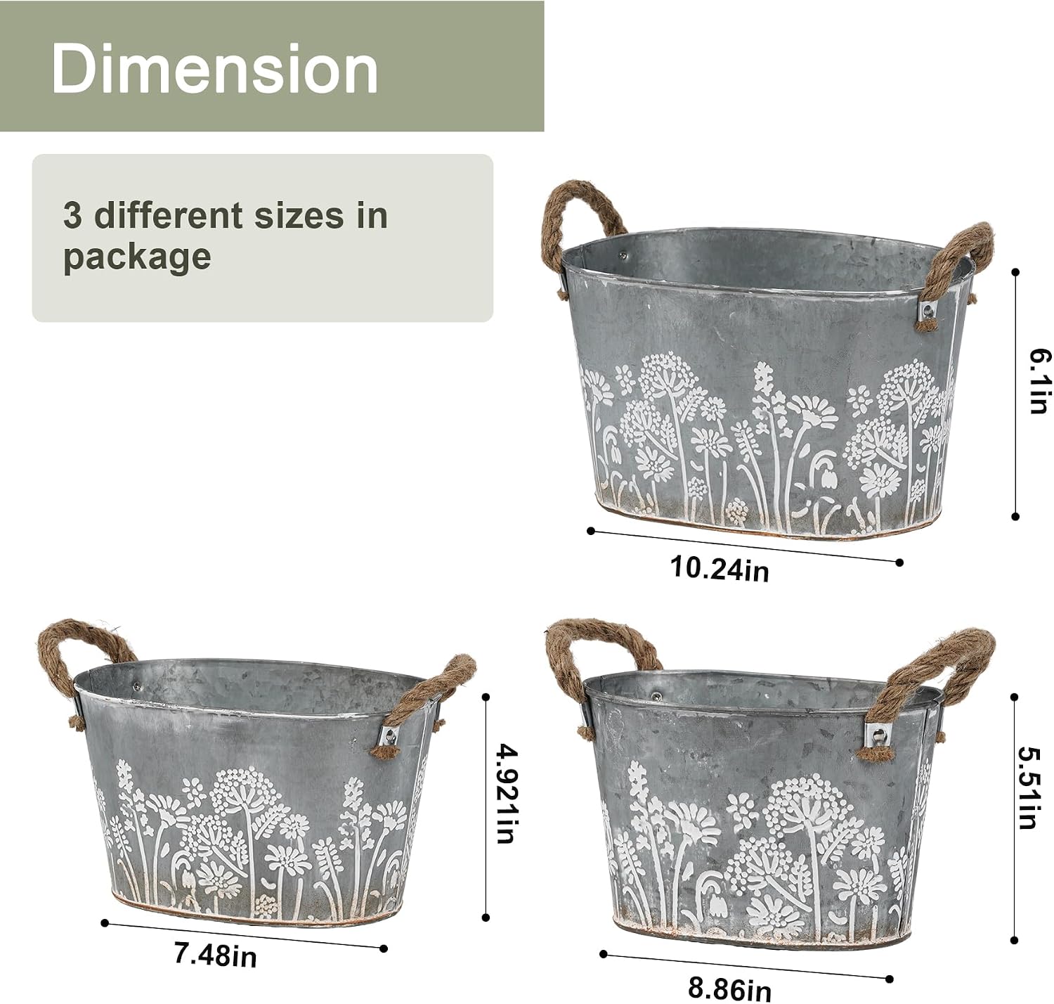 3 Oval Galvanized Metal Planter Tubs