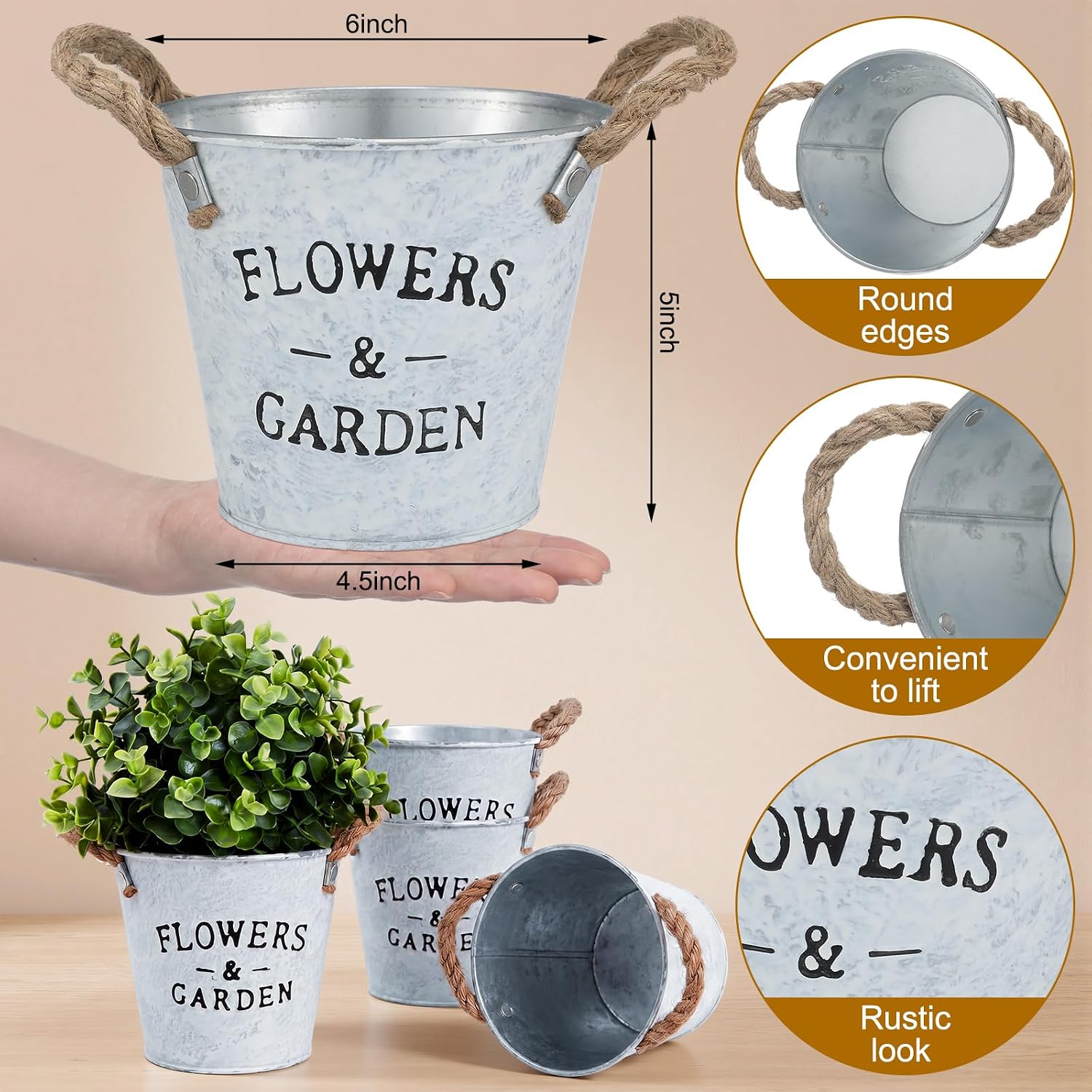 4pc Small Galvanized Metal Flower Planter Buckets