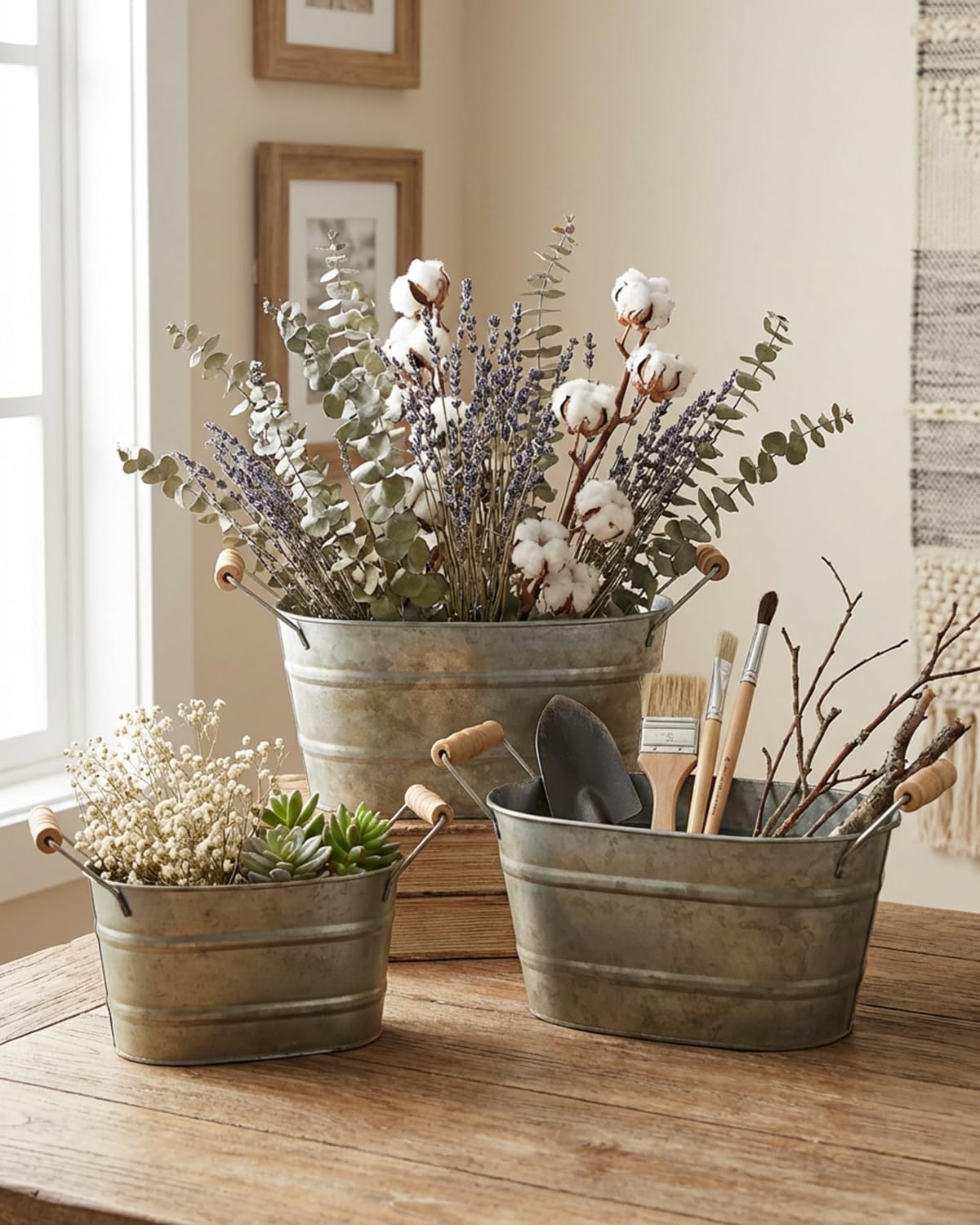 3 Oval Farmhouse Metal Planter Buckets
