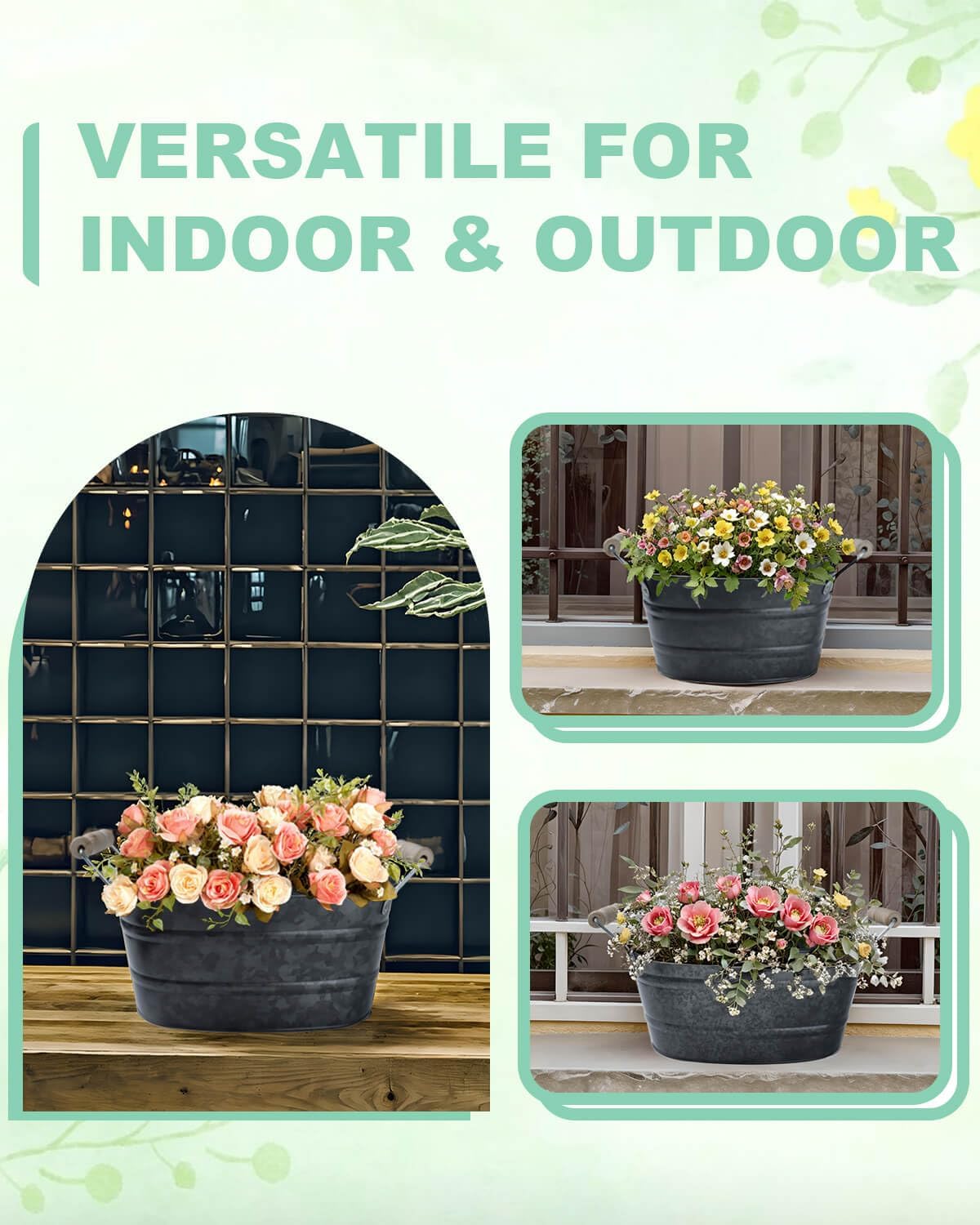 3pc Galvanized Black Metal Oval Planter Buckets