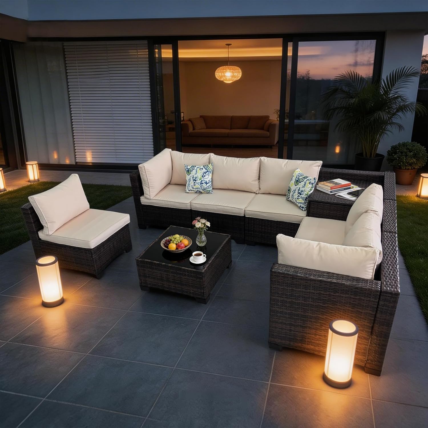 Beige 8pc Wicker Patio Set with Storage
