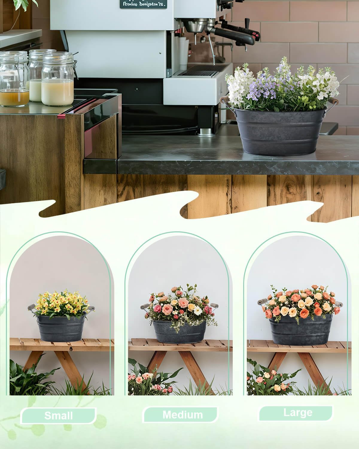 3pc Galvanized Black Metal Oval Planter Buckets