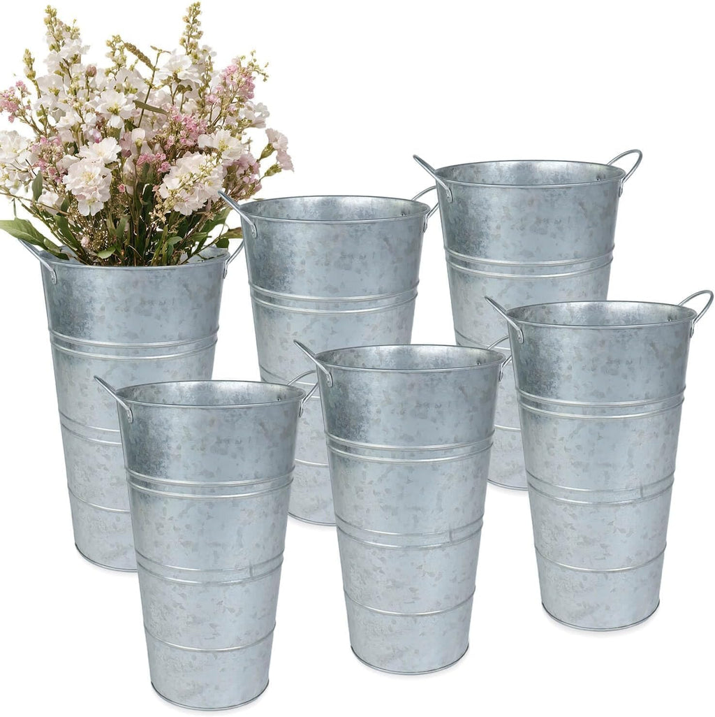 6 Silver Farmhouse Metal Flower Buckets