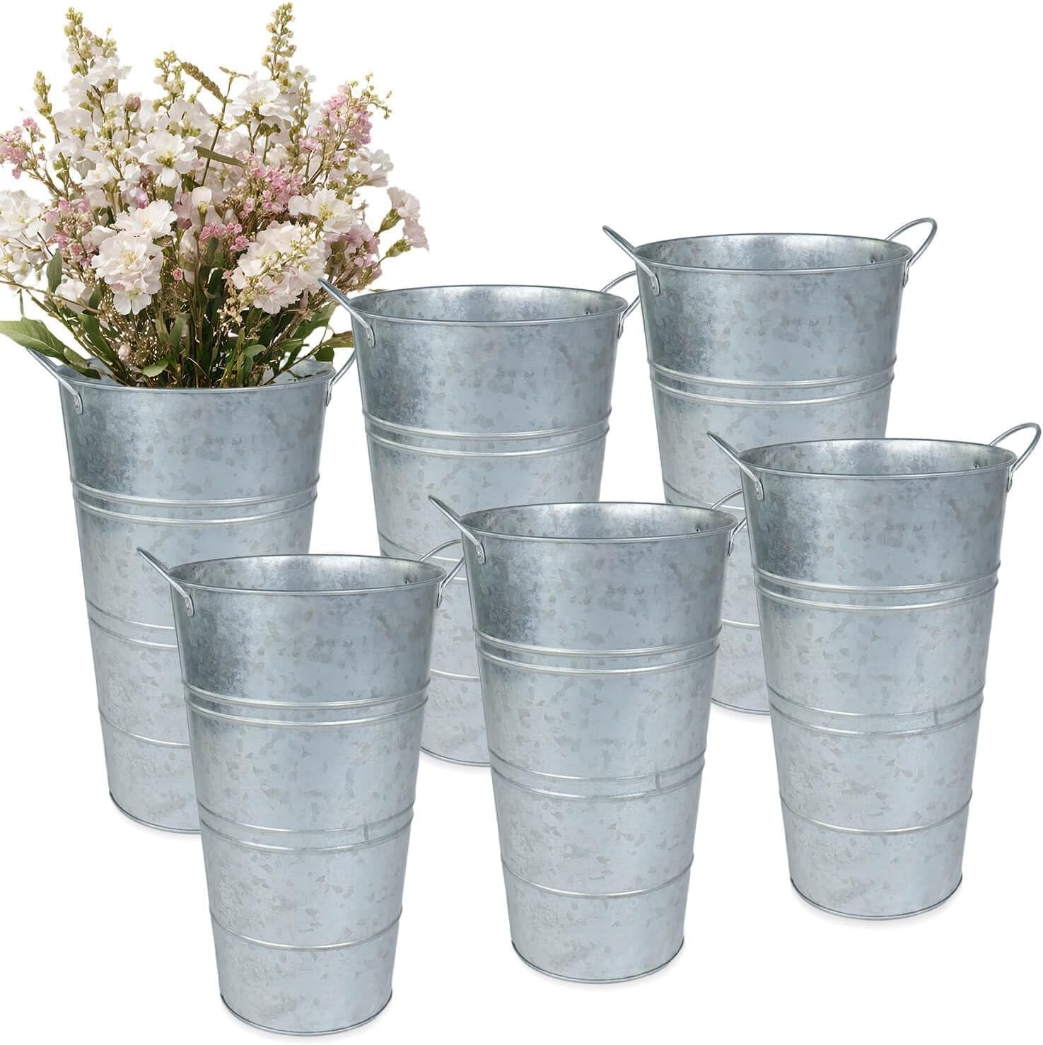 6 Silver Farmhouse Metal Flower Buckets