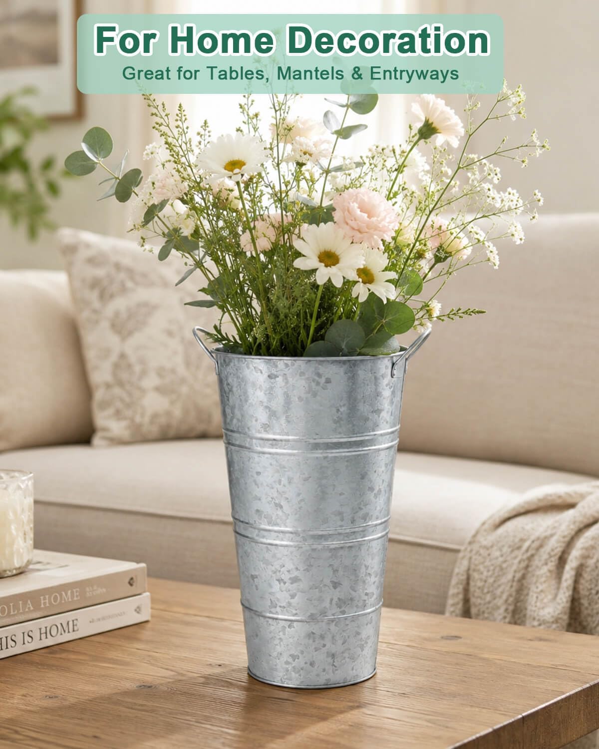 6 Silver Farmhouse Metal Flower Buckets