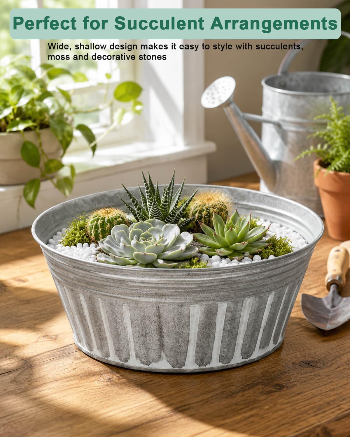 4 Silver Shallow Metal Plant Pots