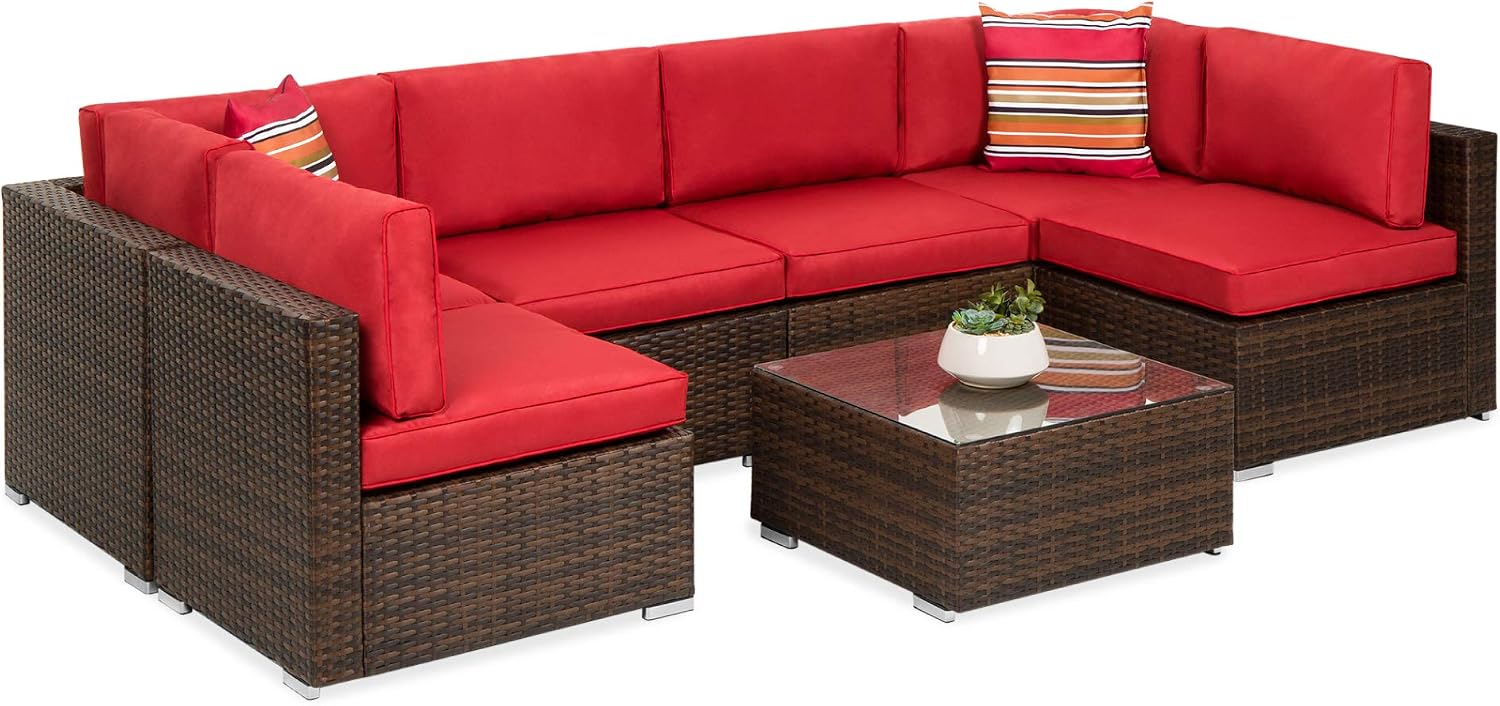 Brown Red 7-Piece Modular Wicker Patio Sectional Set