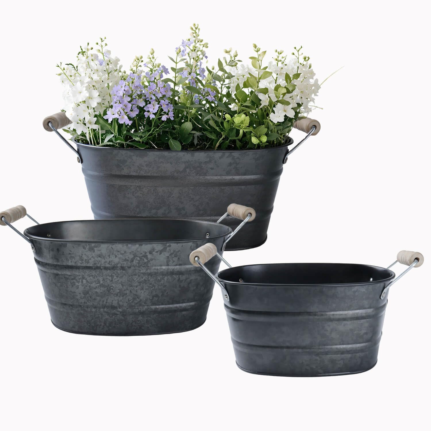 3pc Galvanized Black Metal Oval Planter Buckets