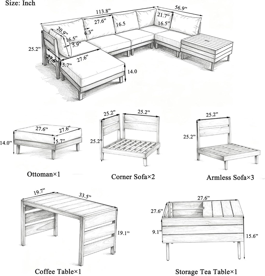 8pc Acacia Wood Modular Outdoor Sectional Sofa Set