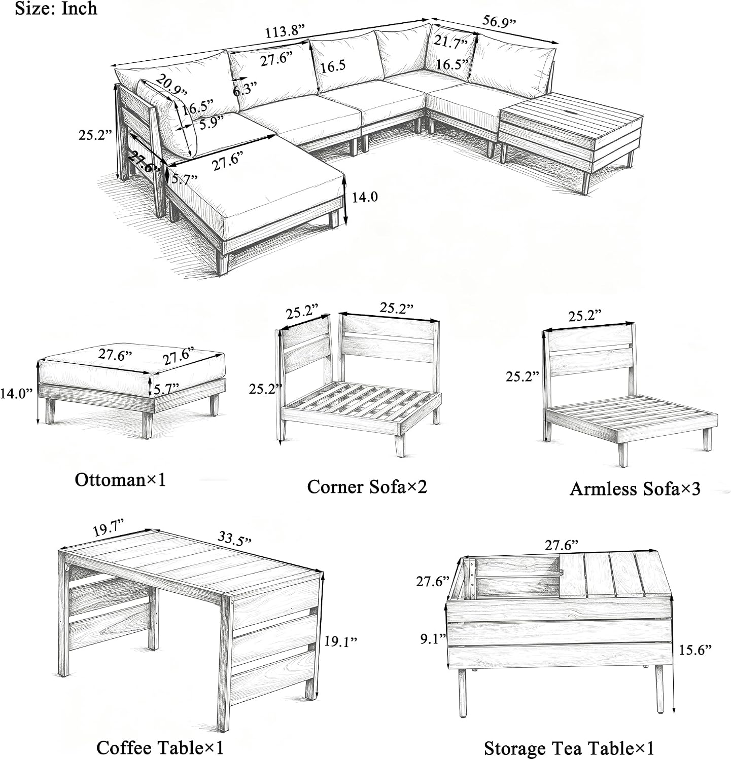 8pc Acacia Wood Modular Outdoor Sectional Sofa Set