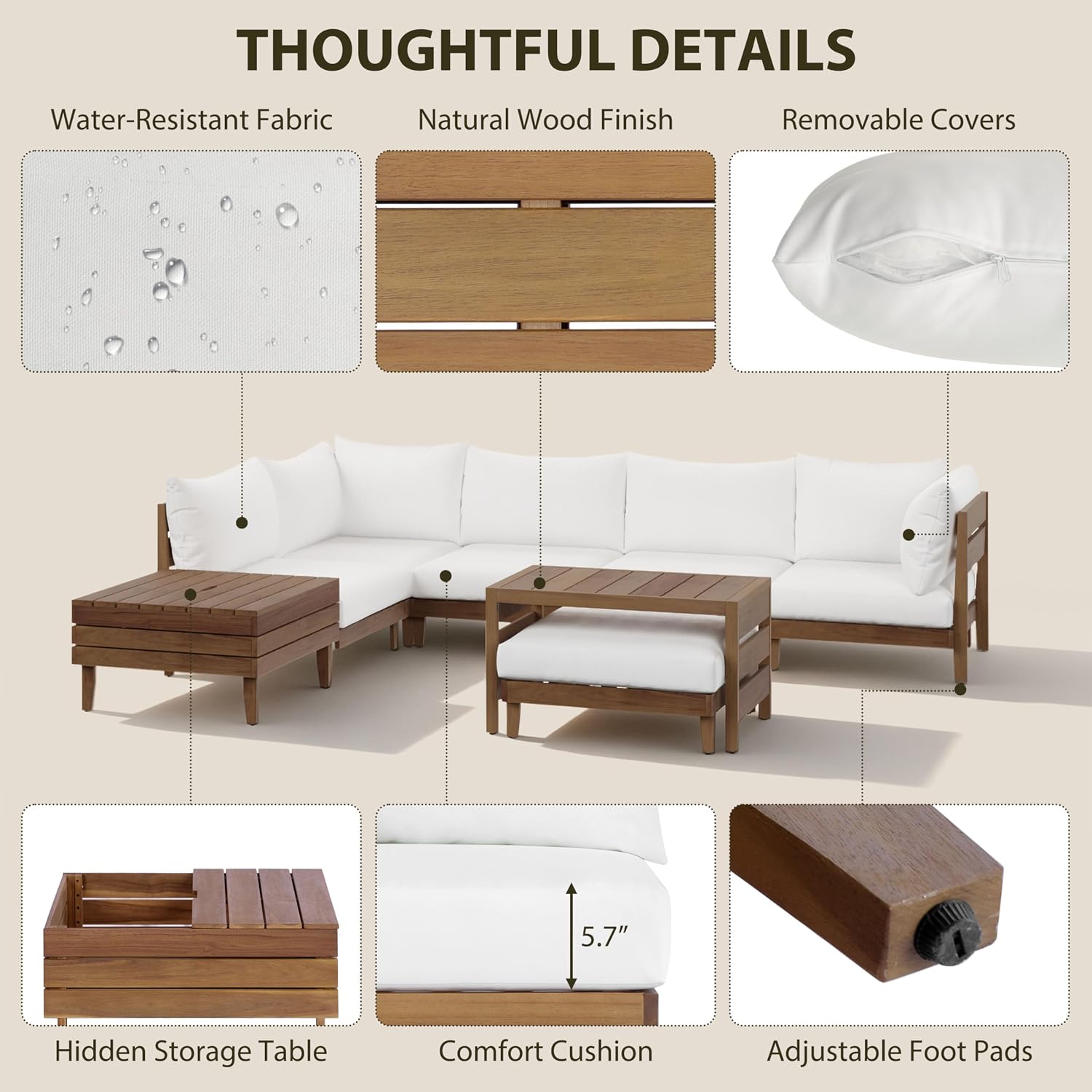 8pc Acacia Wood Modular Outdoor Sectional Sofa Set