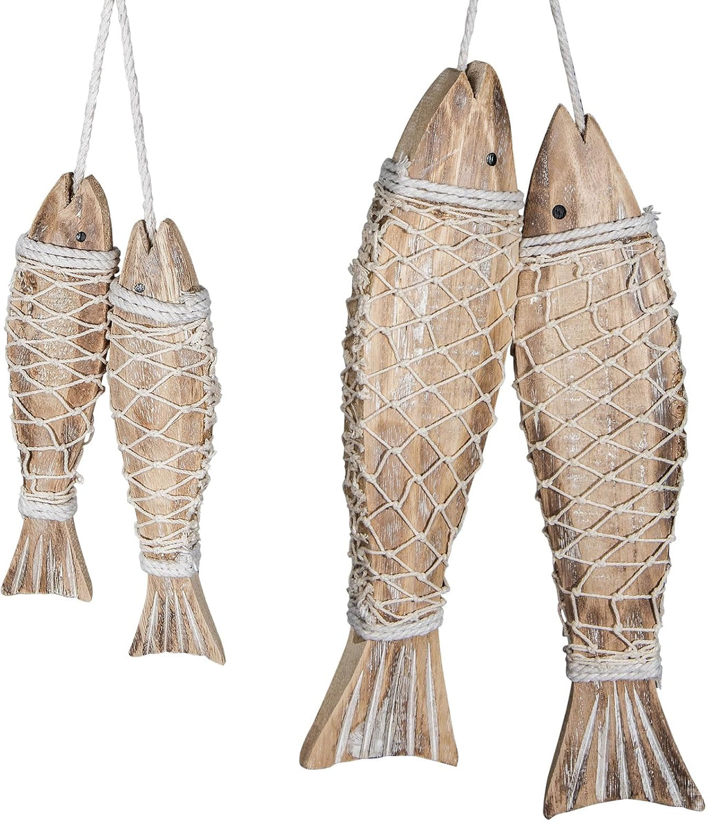 4pc Natural Wooden Fish Nautical Wall Sculptures