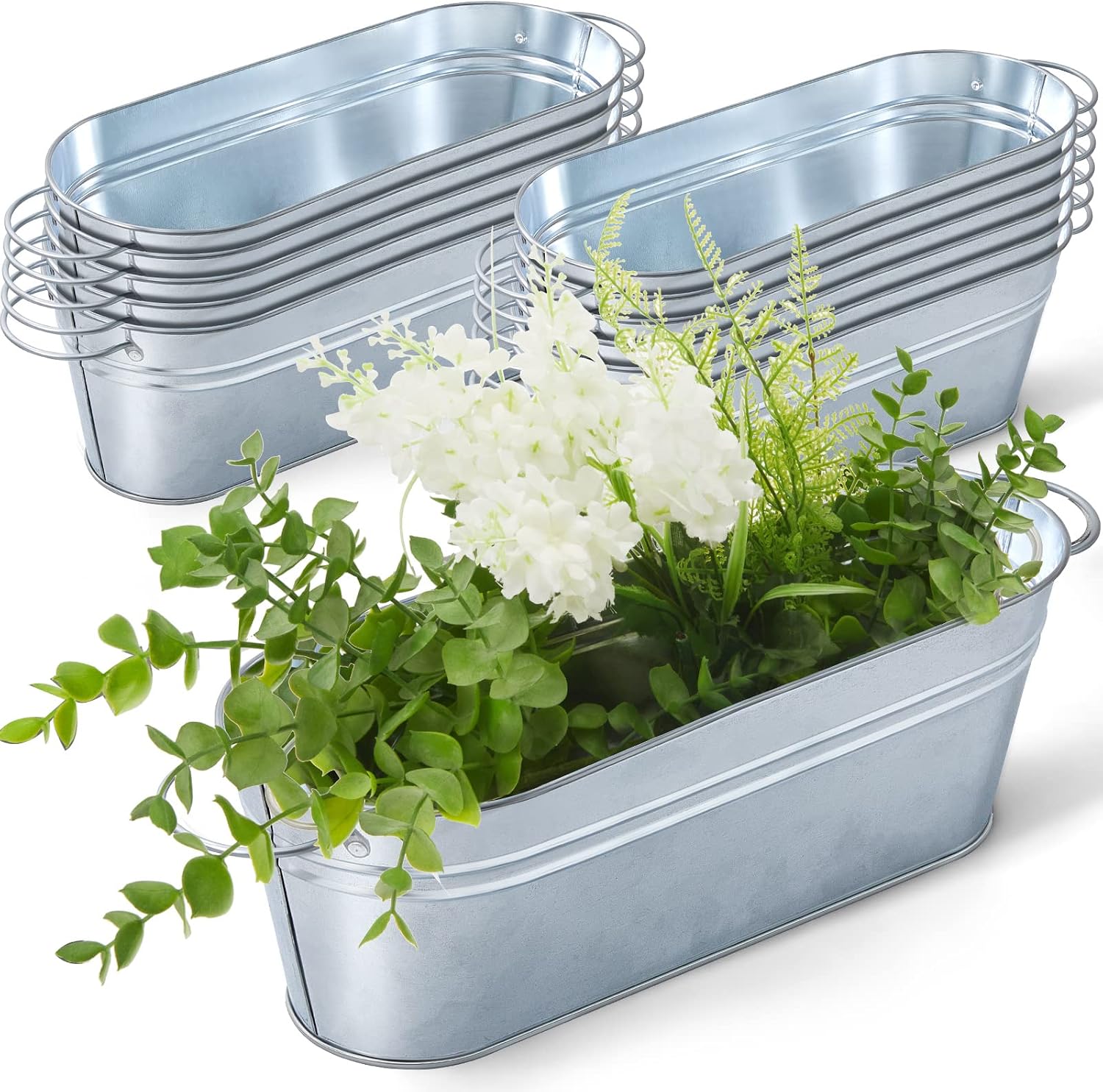 12 Small Silver Oval Metal Planters
