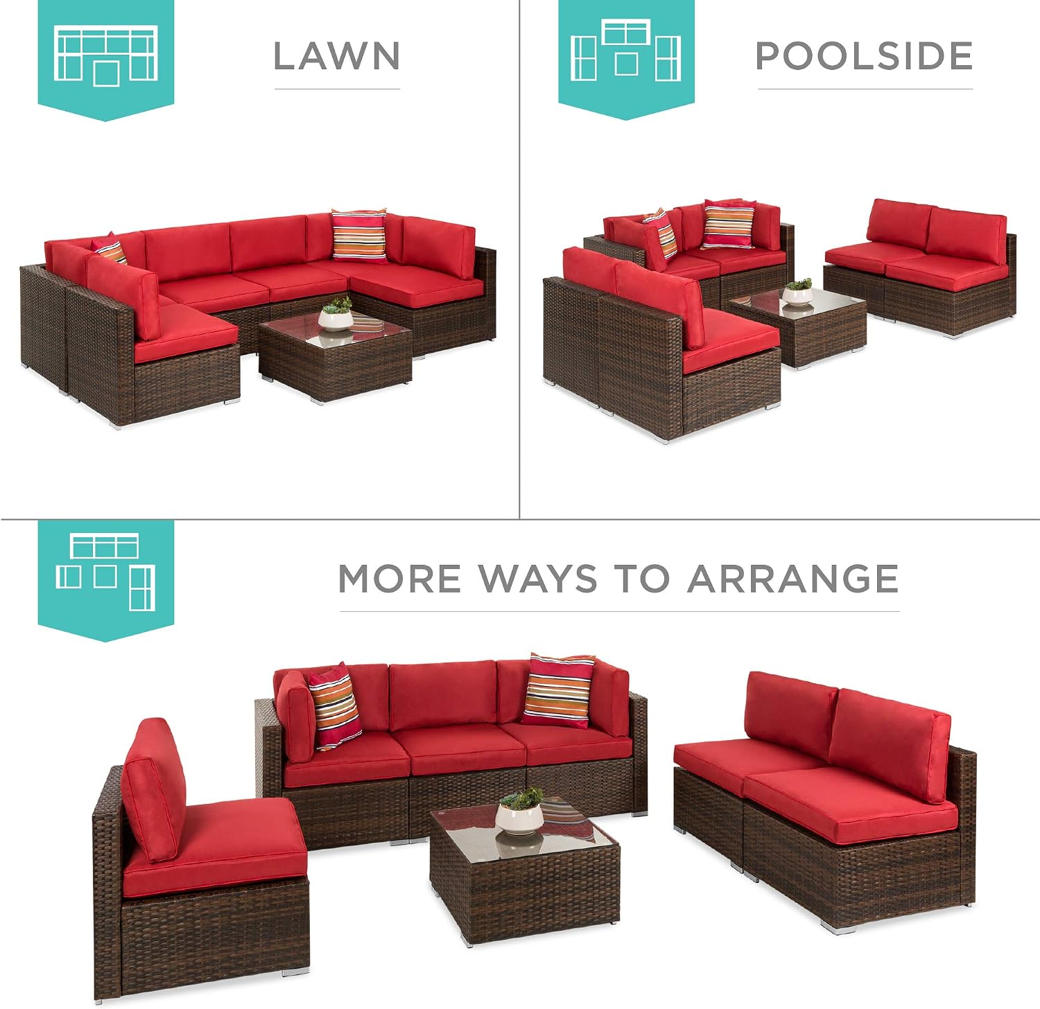 Brown Red 7-Piece Modular Wicker Patio Sectional Set