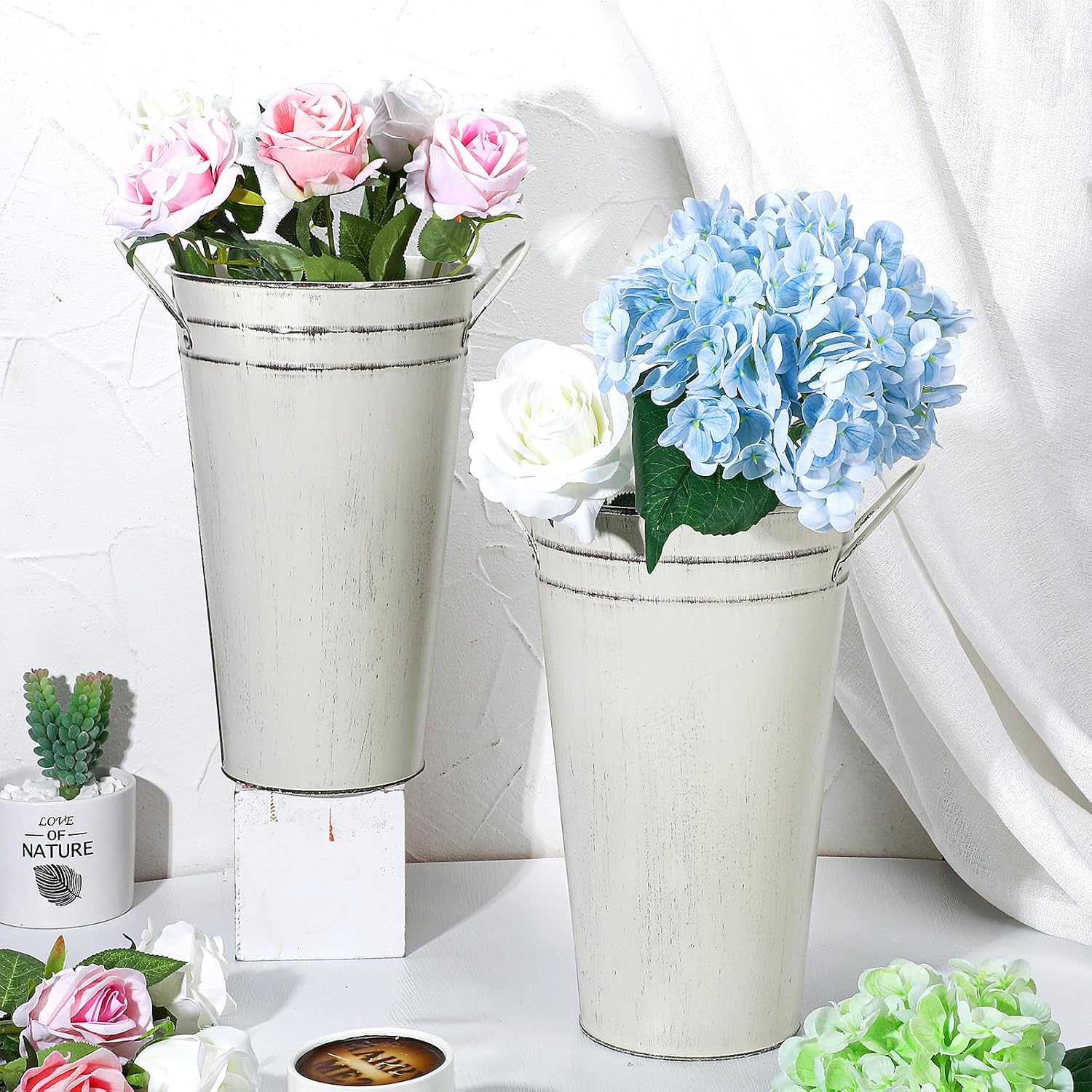 6 White Vintage Metal Flower Buckets