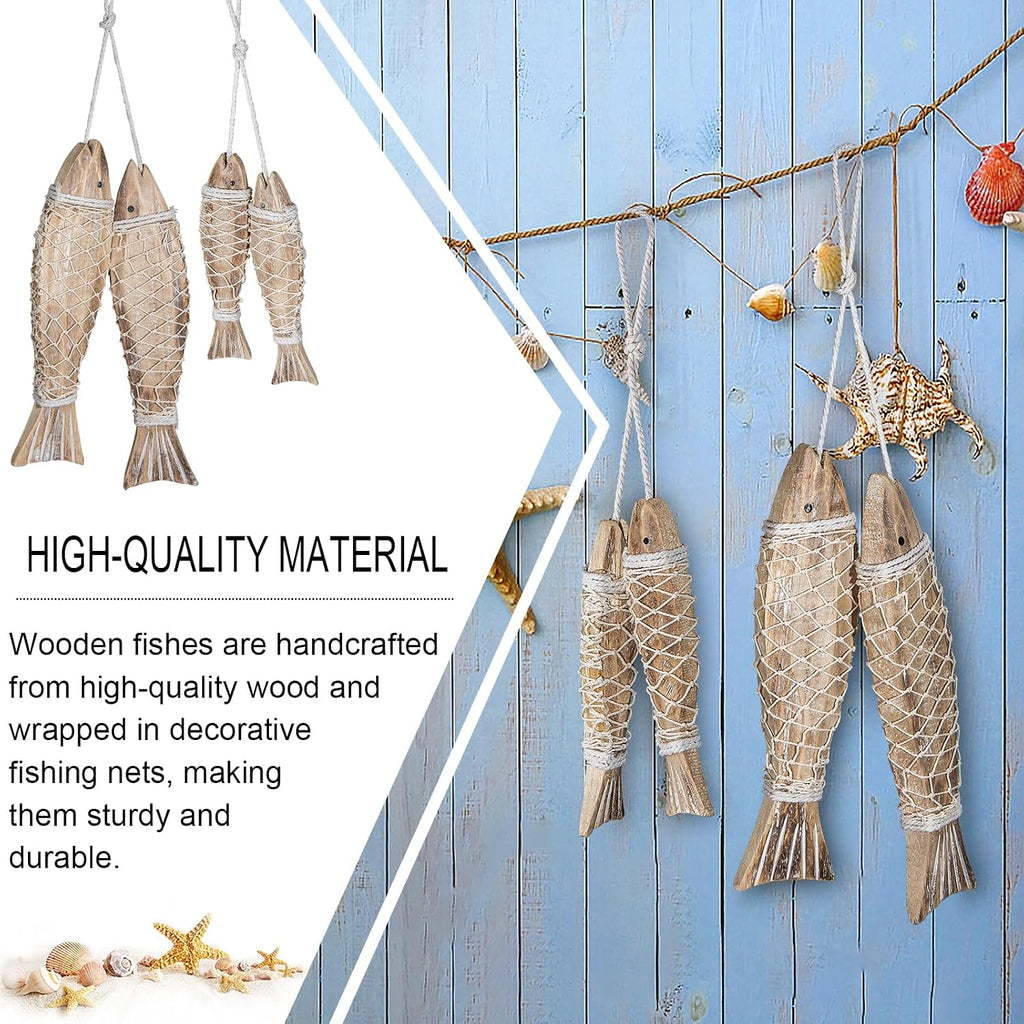 4pc Natural Wooden Fish Nautical Wall Sculptures