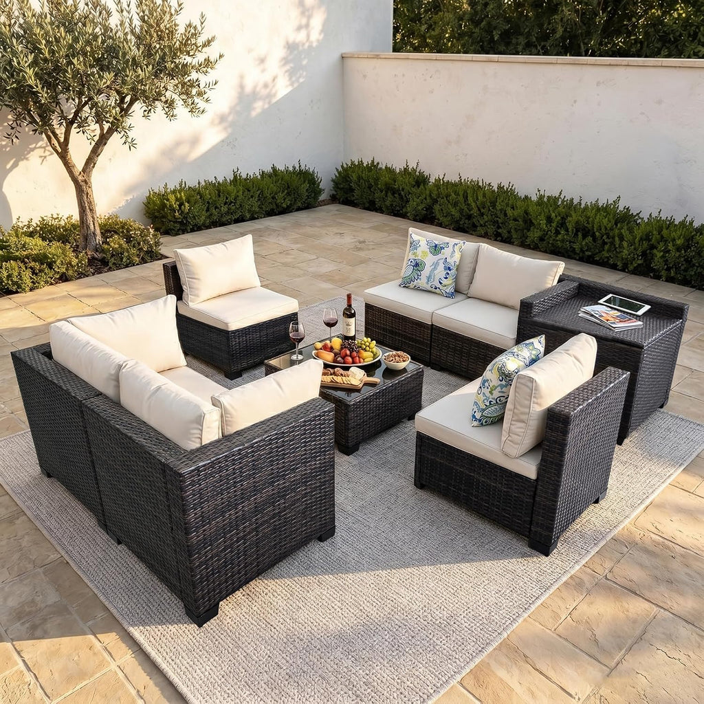 Beige 8pc Wicker Patio Set with Storage