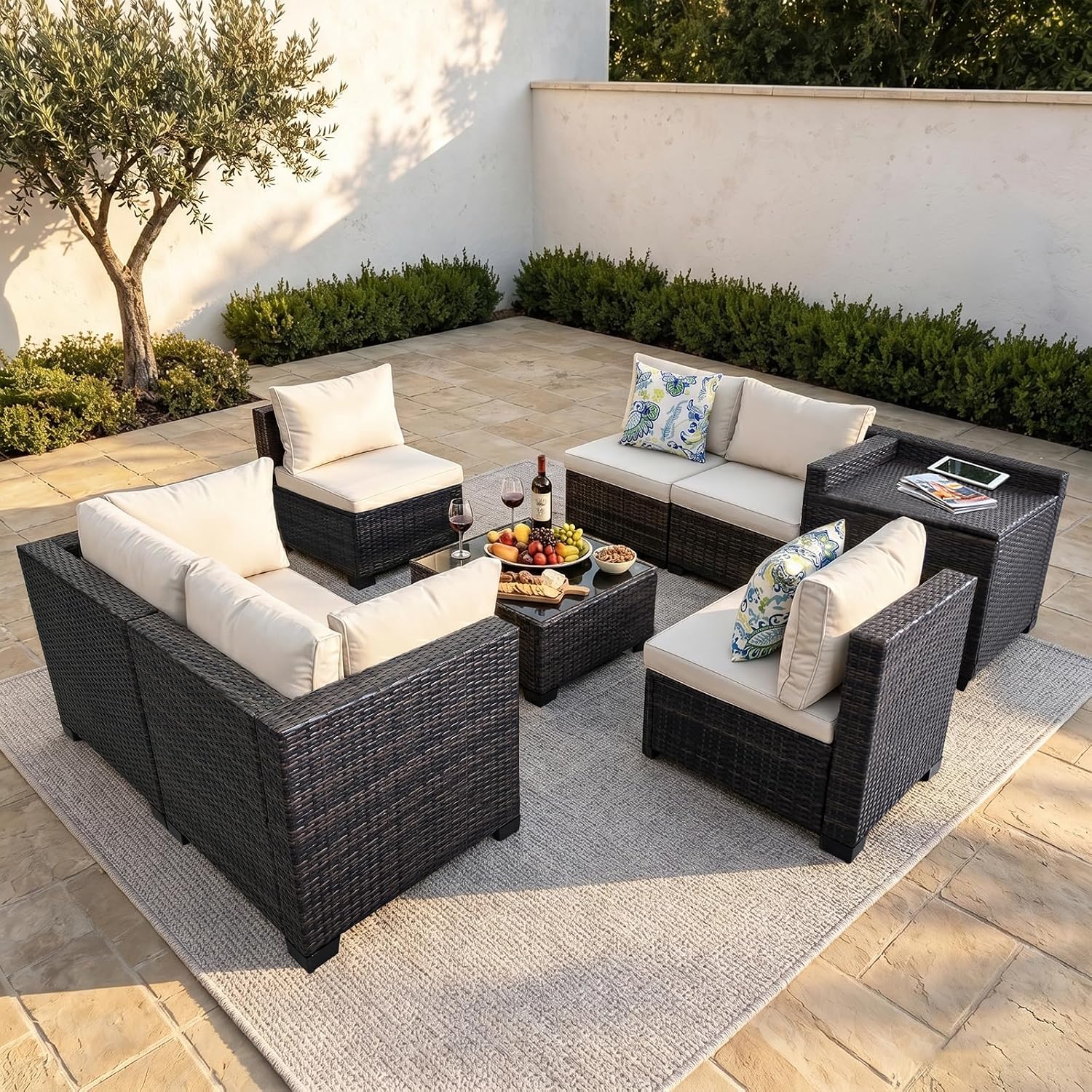 Beige 8pc Wicker Patio Set with Storage