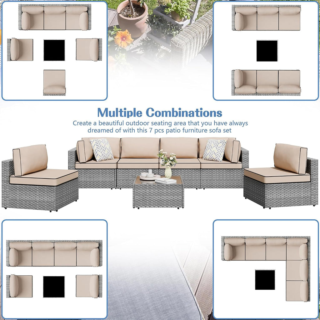 Gray Khaki 7pc Wicker Patio Set