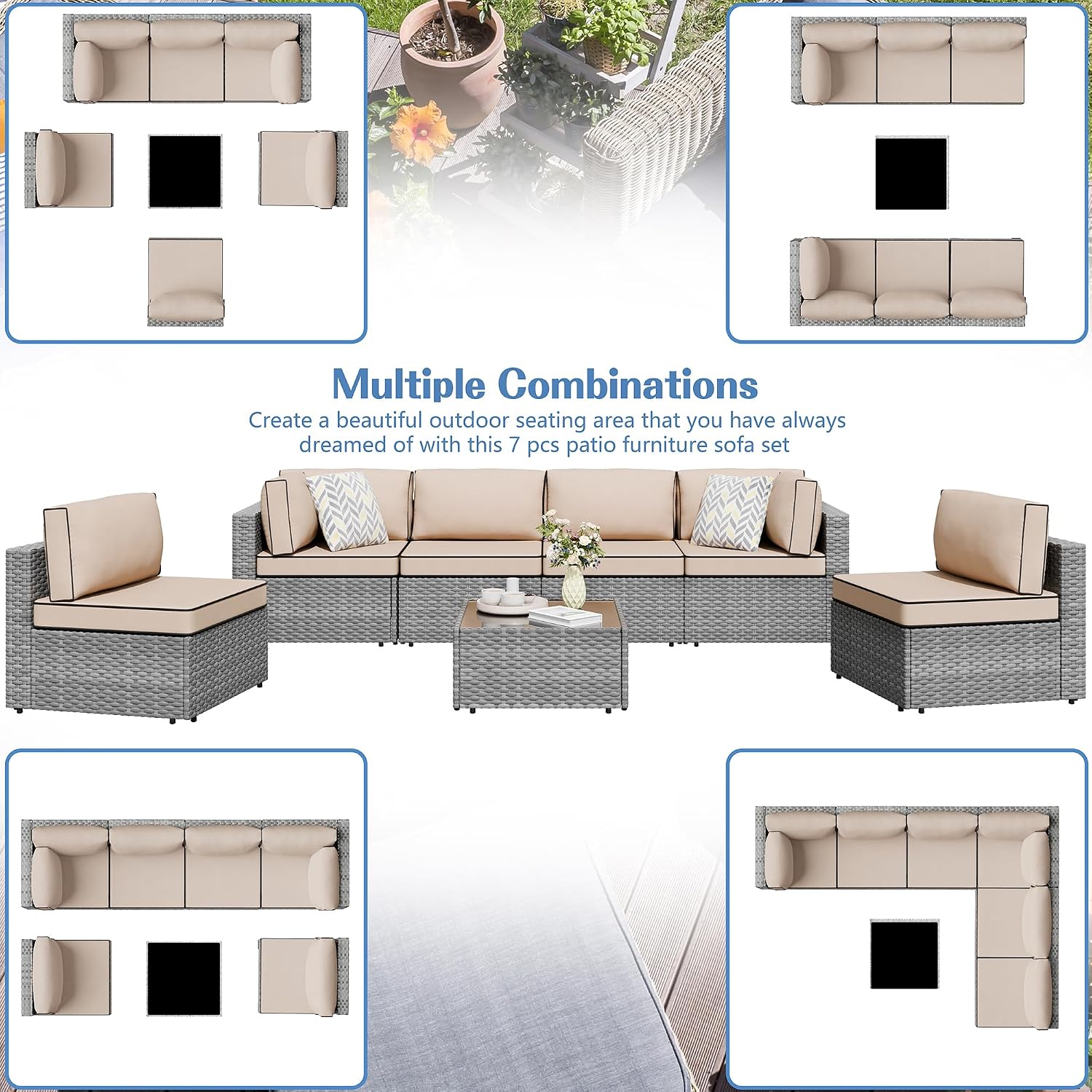 Gray Khaki 7pc Wicker Patio Set