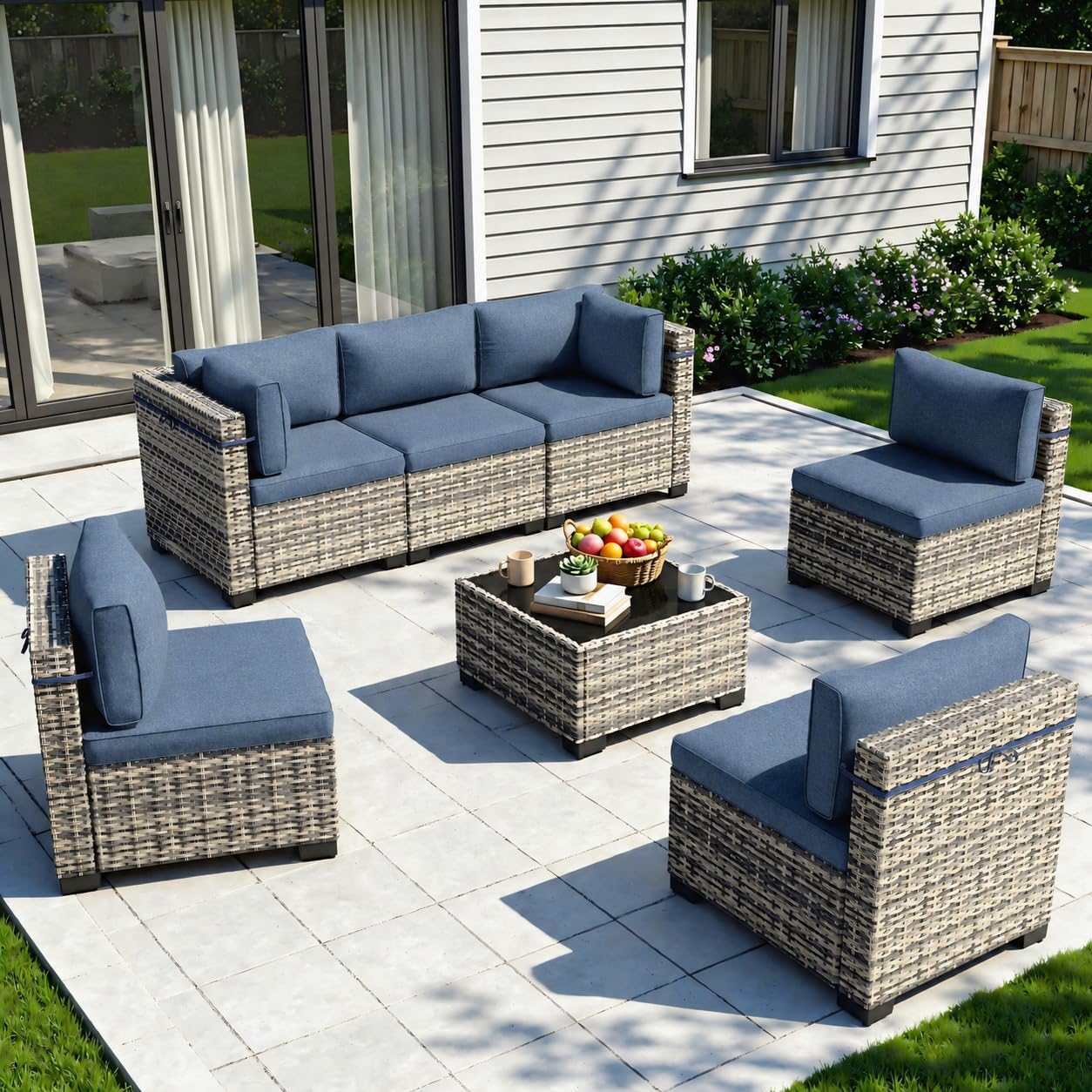 Navy Blue 7-Piece Rattan Patio Sectional Set