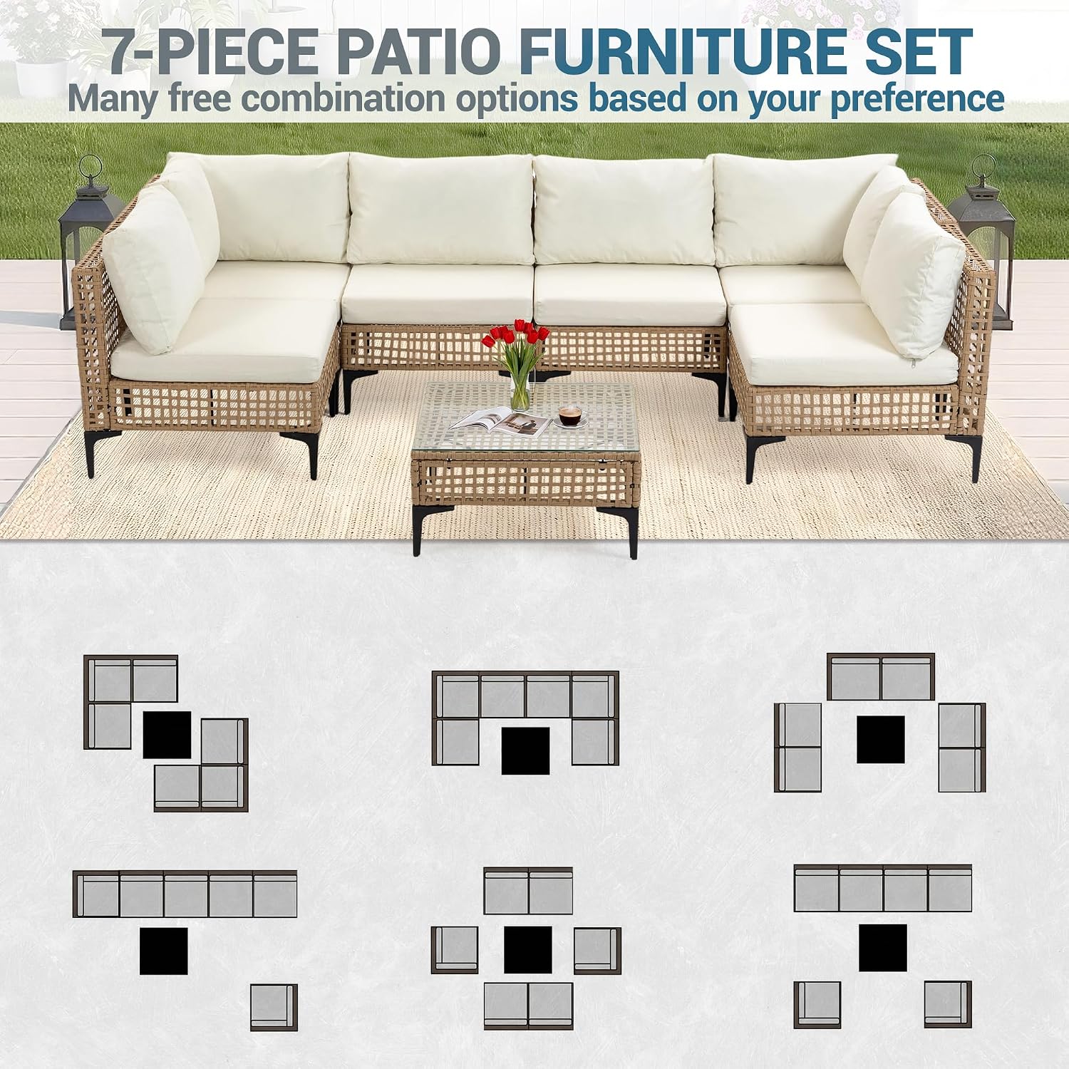 Beige 7pc All-Weather Wicker Patio Set