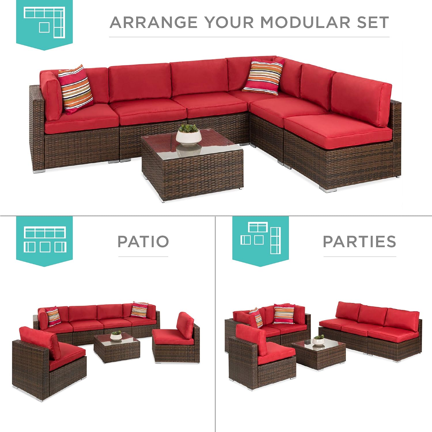 Brown Red 7-Piece Modular Wicker Patio Sectional Set