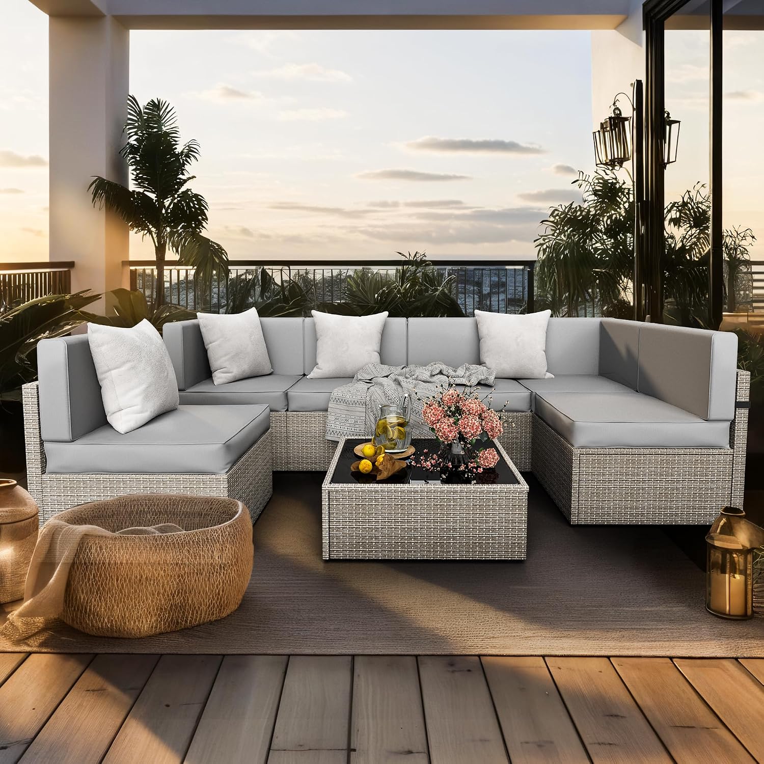 Gray 7-Piece All-Weather Wicker Patio Sectional Set