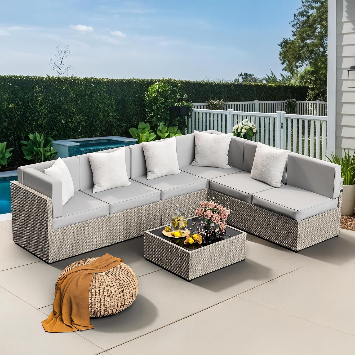 Gray 7-Piece All-Weather Wicker Patio Sectional Set