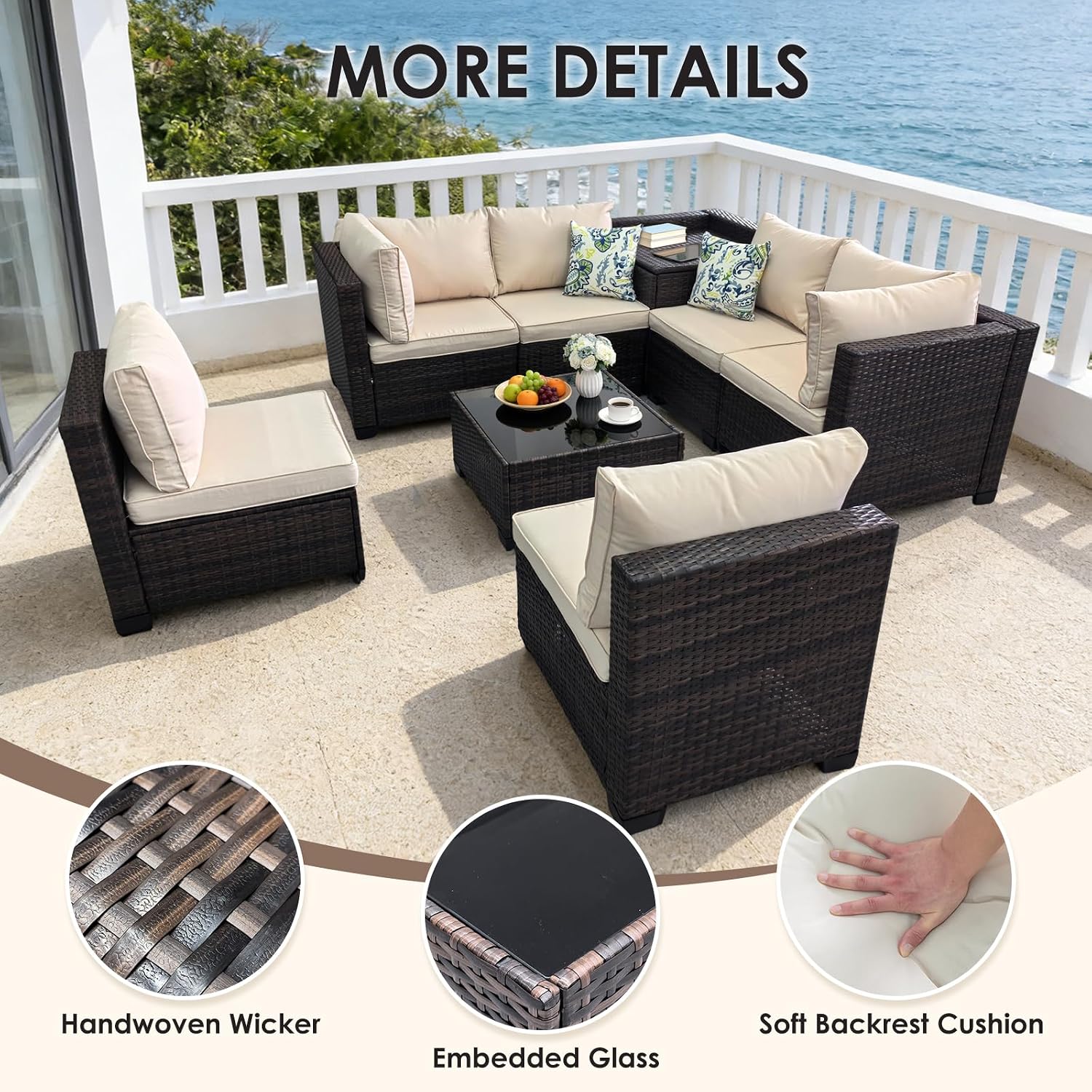 Beige 8pc Wicker Patio Set with Storage