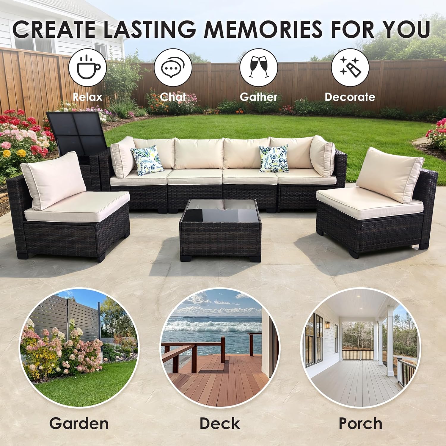 Beige 8pc Wicker Patio Set with Storage