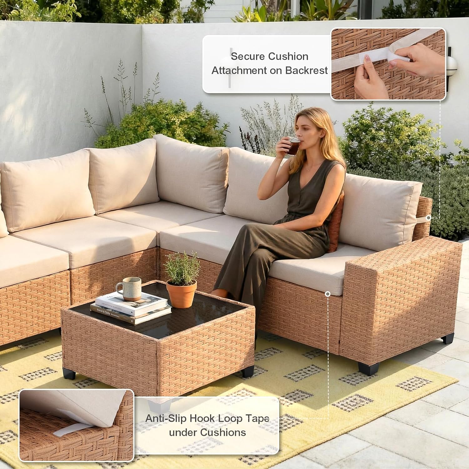 Natural 6pc Wicker Patio Sectional Set