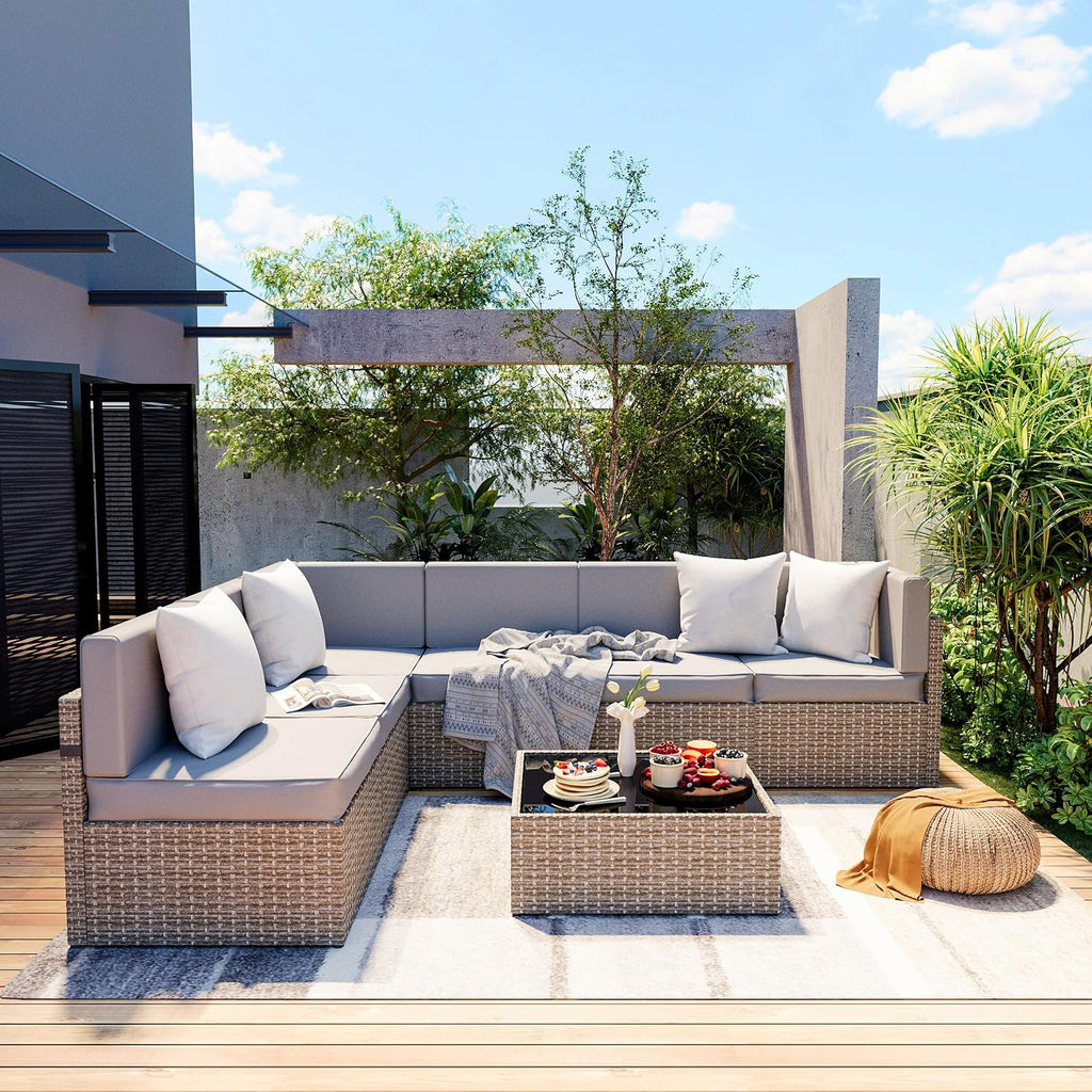 Gray 7-Piece All-Weather Wicker Patio Sectional Set