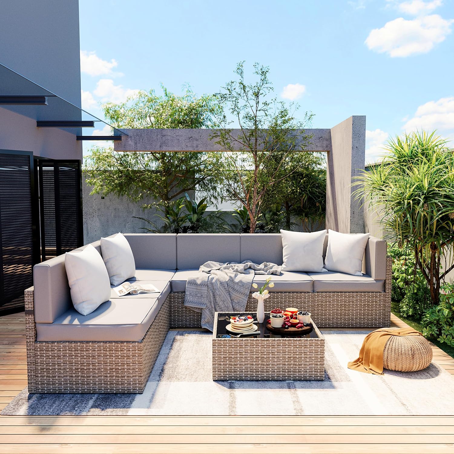 Gray 7-Piece All-Weather Wicker Patio Sectional Set
